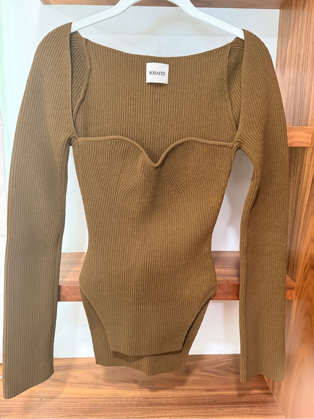 KHAITE Olive Sculpted Ribbed Long-Sleeve Bodysuit